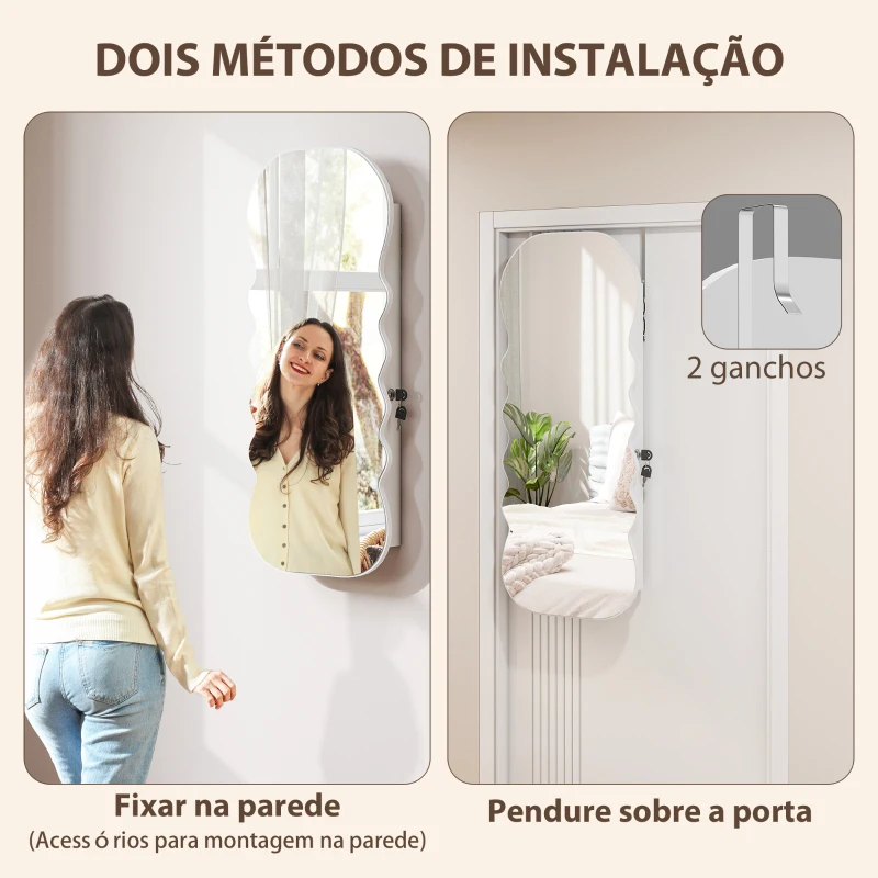 HOMCOM Espelho-Joalheiro com Luz LED Montado na Parede ou na Porta com Fechadura, Espelho de Corpo Inteiro Branco