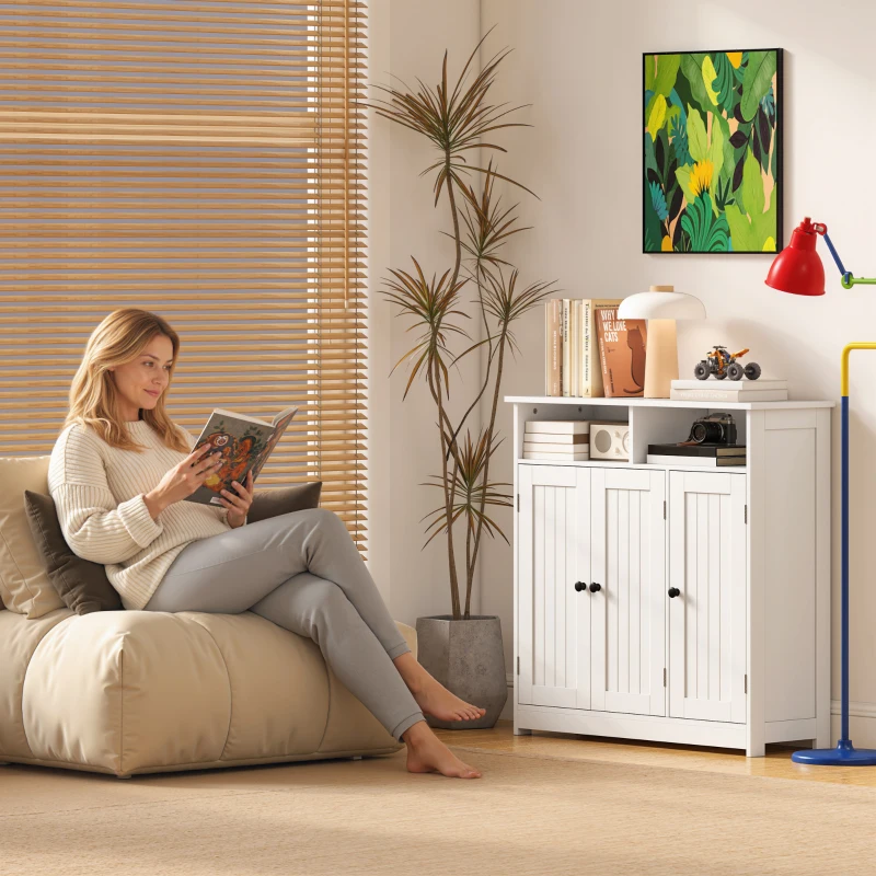 HOMCOM Armadio da Bagno Stretto con 3 Porte, 2 Scomparti Aperti e Ripiano Regolabile, 85x30x85 cm, Bianco