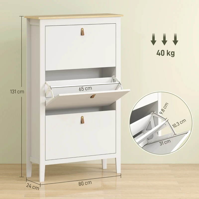 HOMCOM Mobile portascarpe con 3 cassetti ribaltabili, ripiani rimovibili e regolabili, Armadio per 21 scarpe, 80x24x131 cm, Bianco