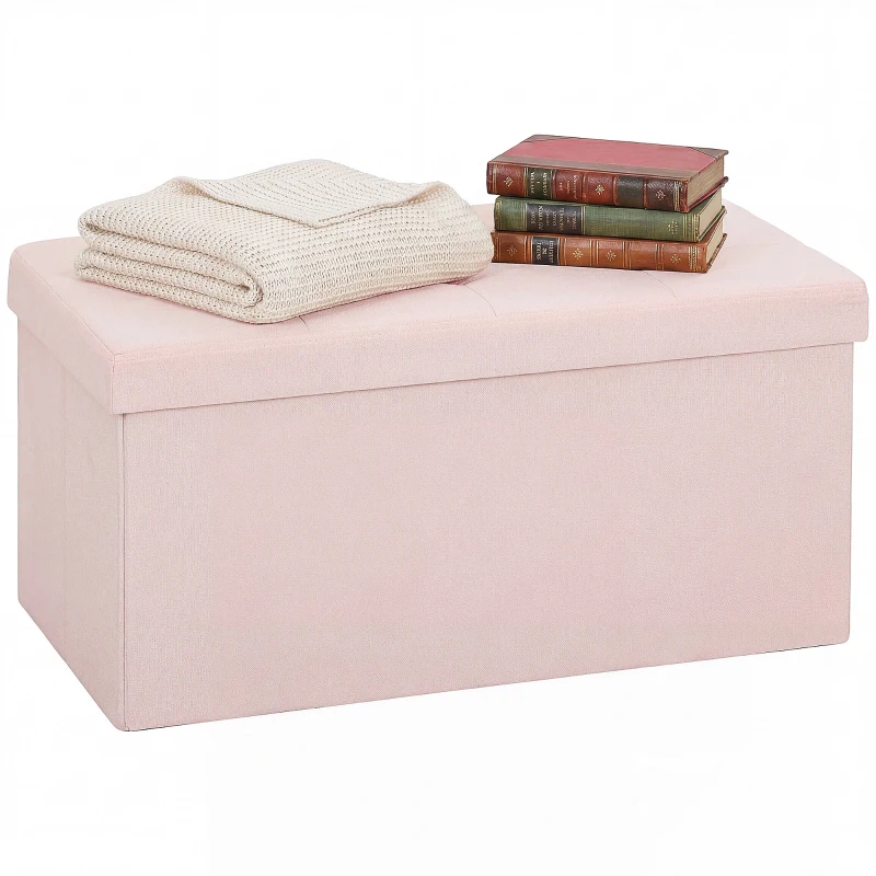 HOMCOM Pouf de rangement, Banc de rangement pliable 84 L 76x38x38 cm Revêtu en lin synthétique Coffre de rangement Rose