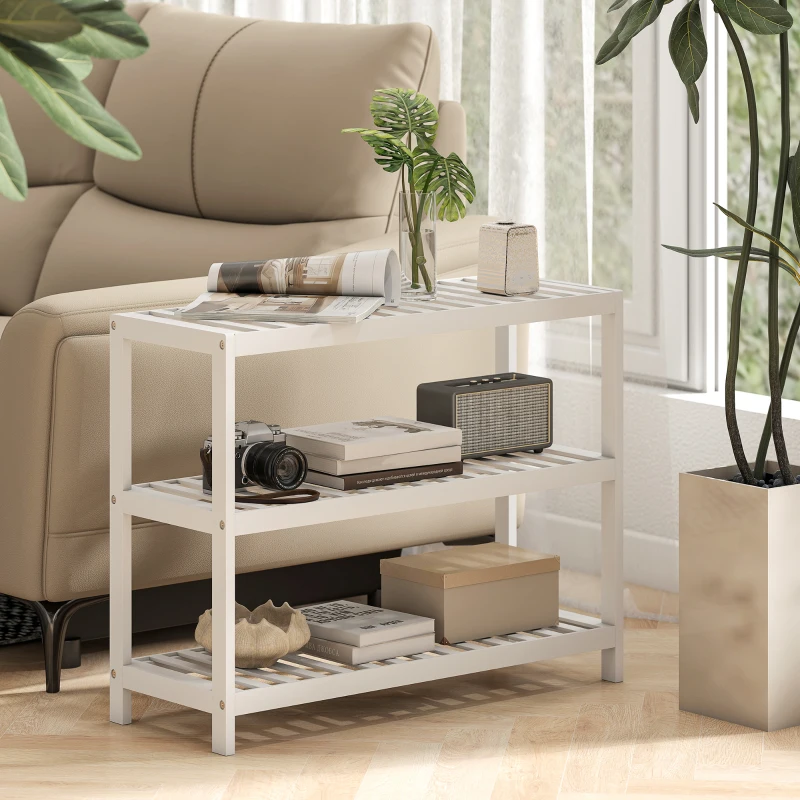 HOMCOM Estantería de bambú de 3 niveles, zapatero, estantería de almacenamiento, superficie lacada, blanco