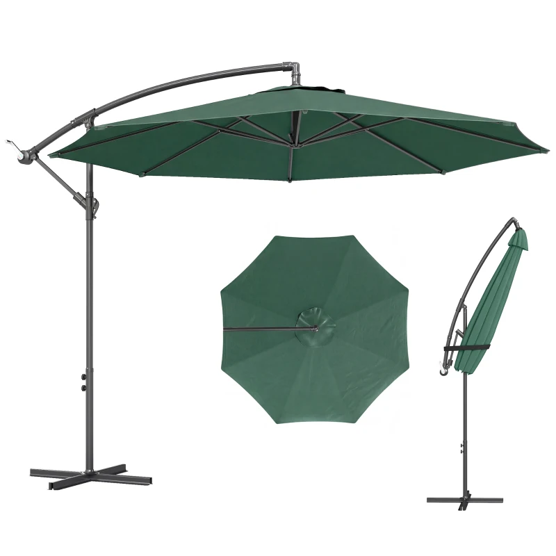 Outsunny 3 m Overhanging Cantilever Parasol, with Cross Base - Dark Green