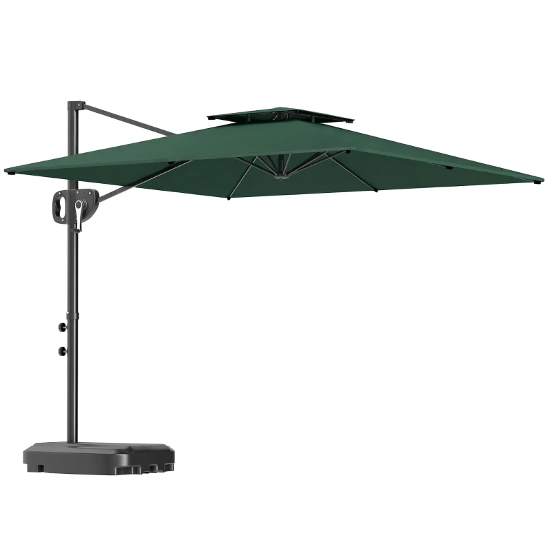Outsunny Cantilever Parasol with Weighted Base Double Top Garden Parasol Square Hanging Patio Umbrella with Crank Tilt Dark Green
