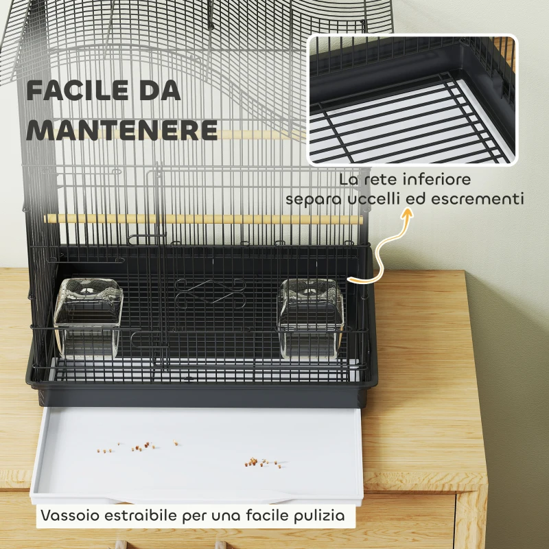 PawHut Gabbia per Uccelli a 4 Porte con 2 Ciotole, 2 Posatoi e Vassoio, in Metallo e Plastica, 47.5x36x54.5 cm, Nero