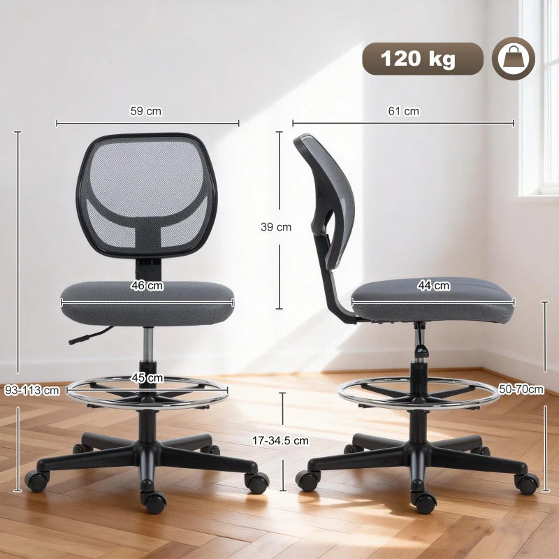 Vinsetto Scaun de birou ergonomic, fotoliu de birou cu suport pentru picioare, scaun pentru desen din plasă, înălțime reglabilă, gri închis