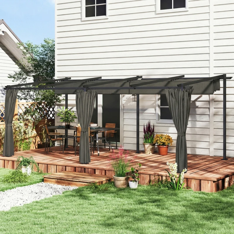 Outsunny Pergola rétractable avec rideaux latéraux, tonnelle de jardin en métal avec protection solaire UPF30+, gris foncé