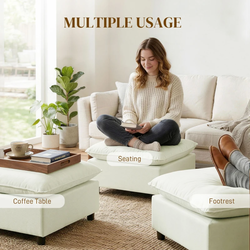 HOMCOM Voetenbank Moderne Stoffen Ottoman met Kunststof Poten voor Woonkamer en Slaapkamer, 75 cm, Crèmewit