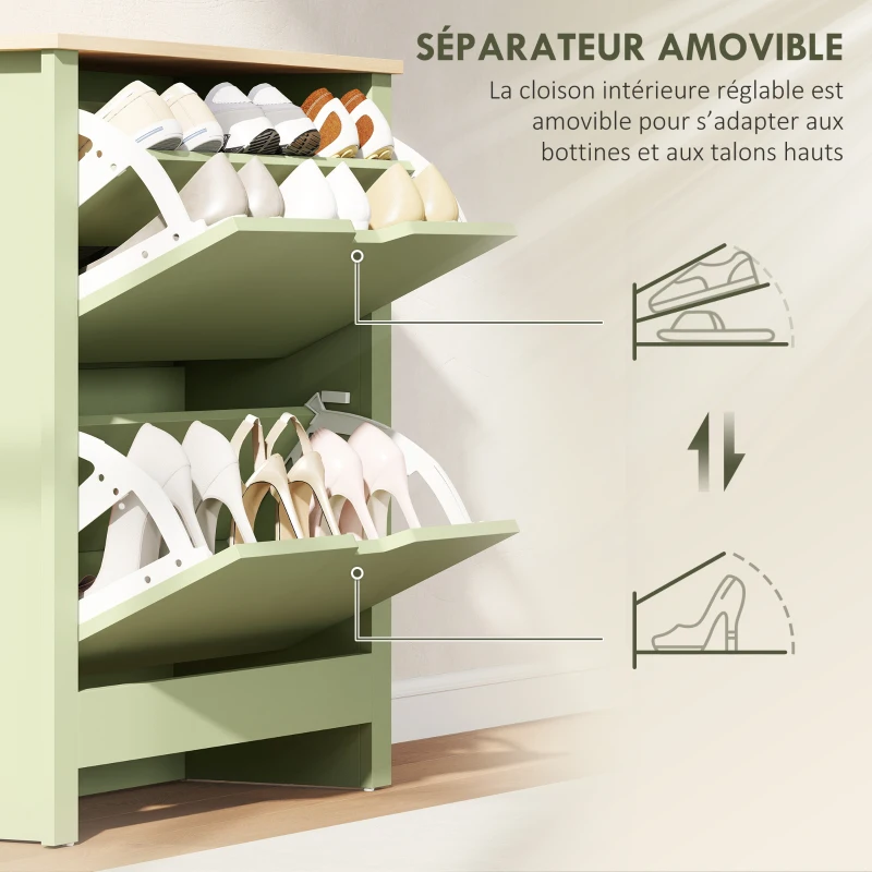 HOMCOM Meuble à chaussures 12 paires, armoire à chaussures étroite avec 2 tiroirs rabattables et étagères réglables, vert