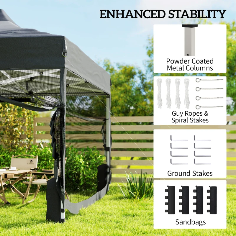 Outsunny 3 x 4.5 m Pop Up Gazebo with Mesh Nettings, UPF50+ Heavy Duty Outdoor Garden Party Tent Marquee, Dark Grey