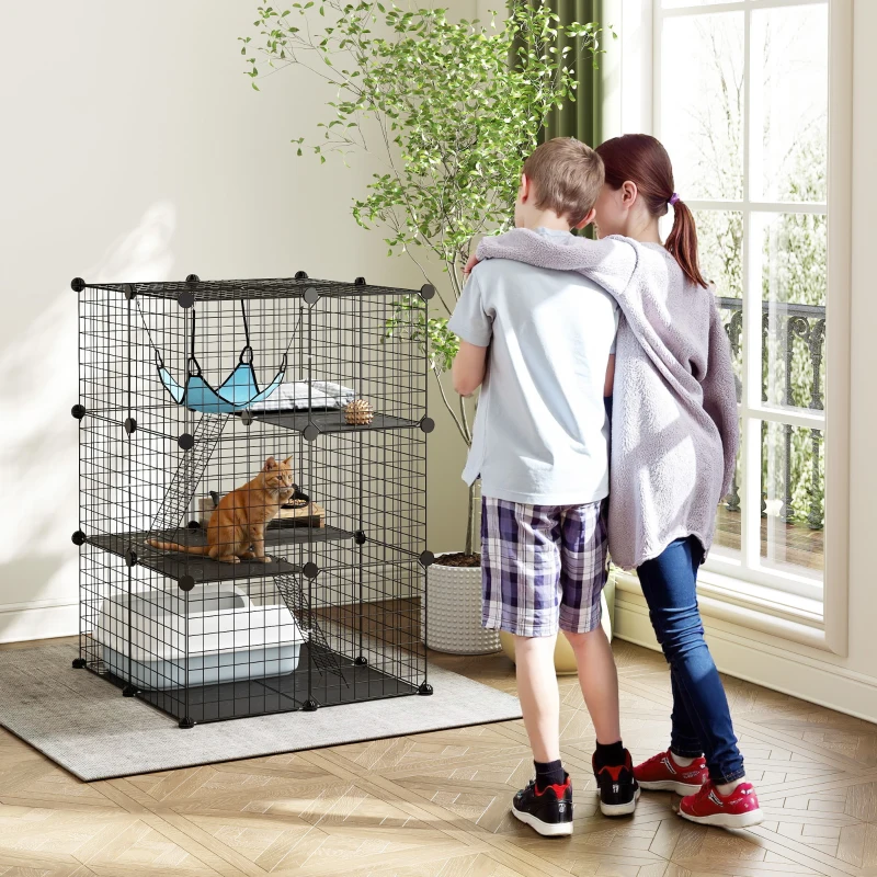 PawHut Cage pour chats enclos personnalisable 3 niveaux, 105cm, Noir