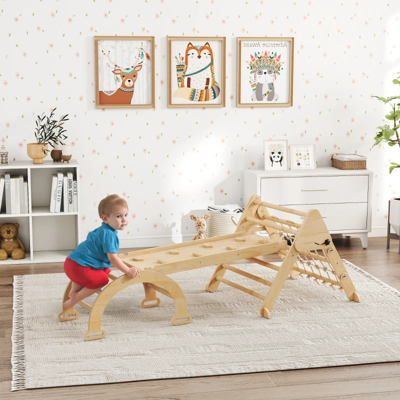 AIYAPLAY Triangolo da arrampicata bambini 8 in 1 con rampa doppia, scivolo e scala, 191.5x74.5x63 cm, naturale