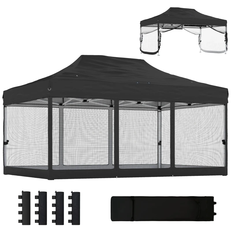 Outsunny 3 x 4.5 m Pop Up Gazebo with Mesh Nettings, UPF50+ Heavy Duty Outdoor Garden Party Tent Marquee, Black