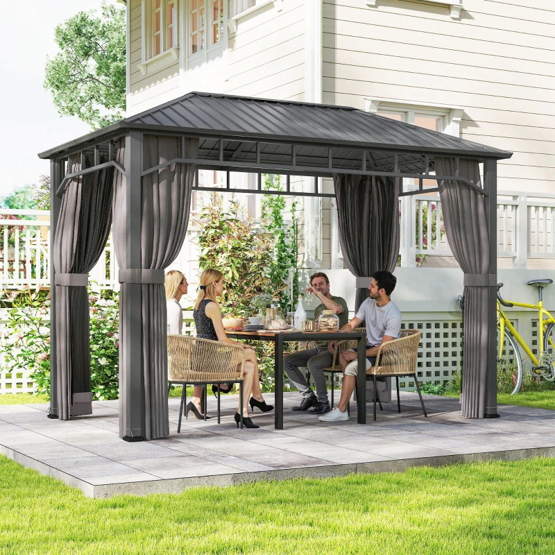 Outsunny 2 x 3.5 m Hardtop Gazebo with Galvanised Steel Roof, Waterproof Permanent Pavilion Garden Gazebo with Netting and Curtains for Patio, Deck, Dark Grey