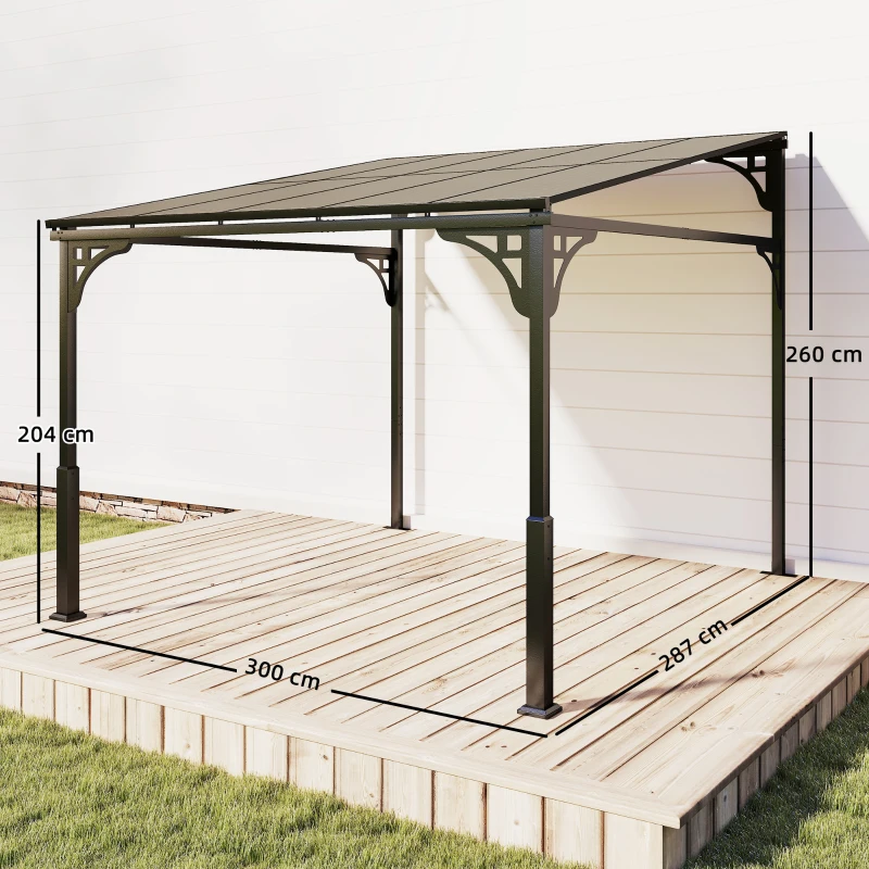 Outsunny 3 x 2.87 m Metal Lean-to Pergola, Wall-Mounted Hardtop Garden Pergola with Polycarbonate Roof and Metal-Aluminium Frame