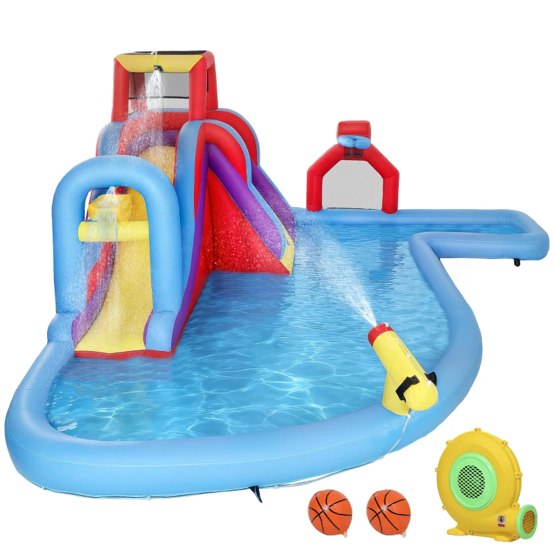 AIYAPLAY Château Gonflable Aquatique avec Souffleur 550W Toboggan Mur d'Escalade Piscine Panier de Basket But de Football