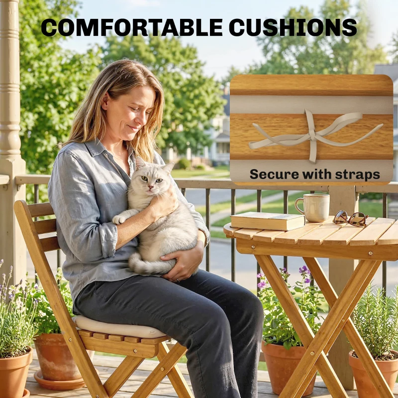 Outsunny Balkonmeubelset 3-delig FSC-hout inklapbaar Tuinmeubelset met ronde tafel 2 stoelen Zitkussens Ademend Lamellenzitting