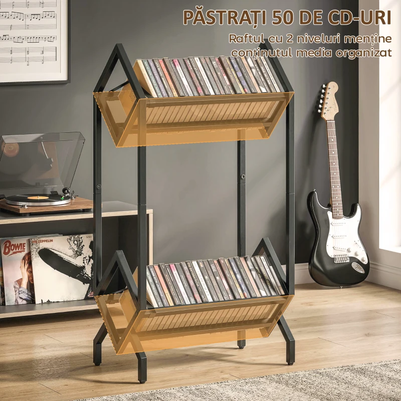 HOMCOM Organizator CD-uri pentru 50 CD-uri, Organizator Viniluri 2 Niveluri din Metal pentru DVD-uri, Cărți, Albume, Negru