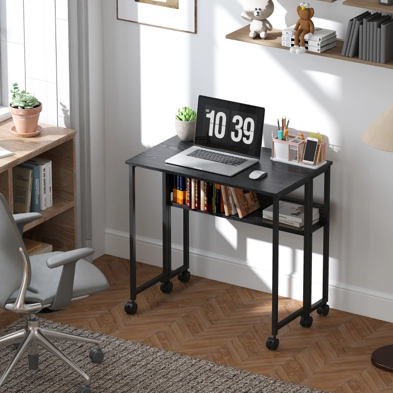 HOMCOM Bureau pliable sur roulettes 80 x 50 cm avec étagère et sac de rangement, noir