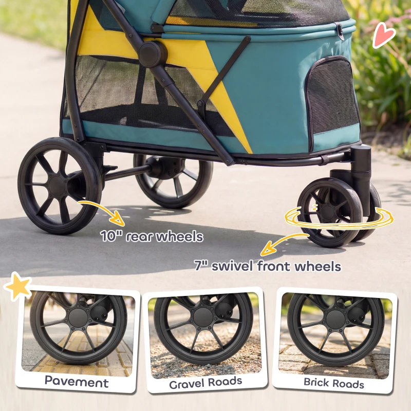 PawHut Składany wózek dla psa do 20 kg z poduszką, oknami z siatki, kieszenią tylną, 92 x 63 x 95 cm, ciemnozielony