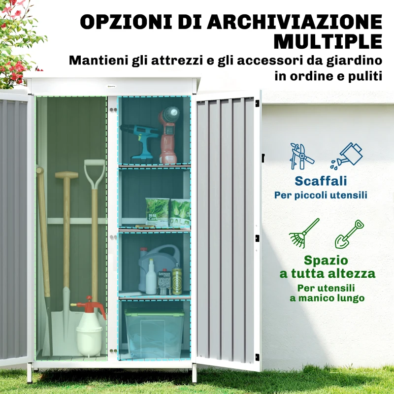 Outsunny Armadio da Giardino con Ripiani Rimovibili e Porta Bloccabile, in Legno e Acciaio, 94x43x166 cm, Bianco e Nero