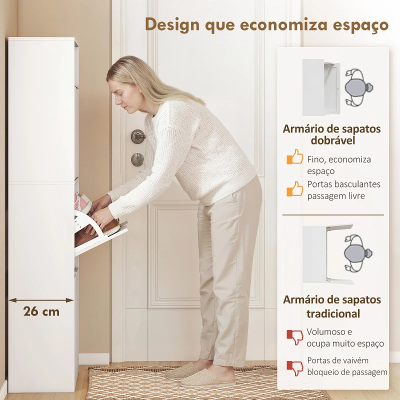HOMCOM Sapateira Estreita com 3 Gavetas Rebatíveis Prateleiras Ajustáveis e Compartimento Aberto Capacidade para 12-18 Pares Branco