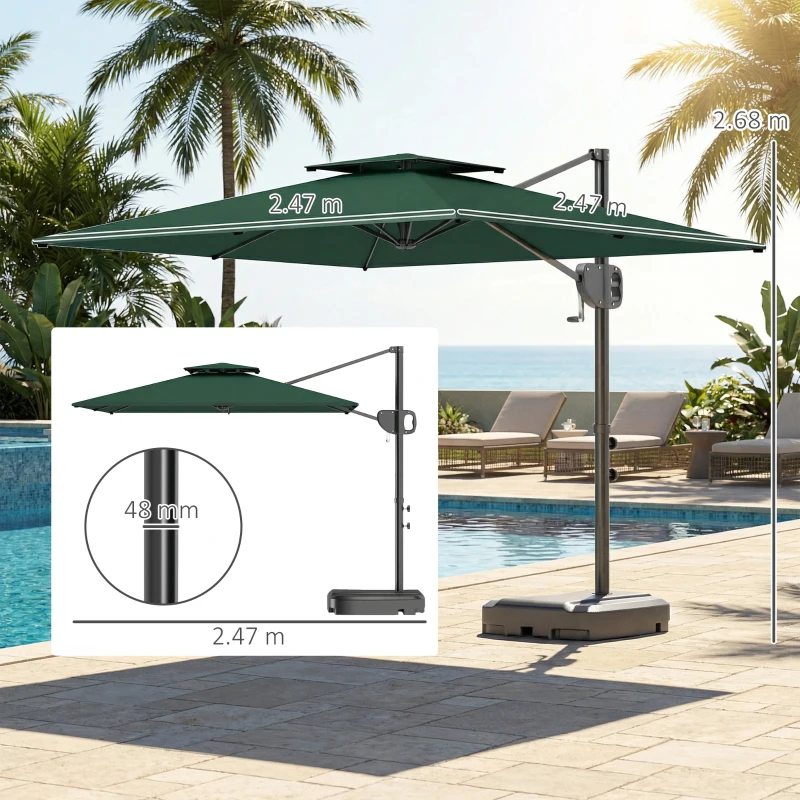 Outsunny Cantilever Parasol with Weighted Base Double Top Garden Parasol Square Hanging Patio Umbrella with Crank Tilt Dark Green