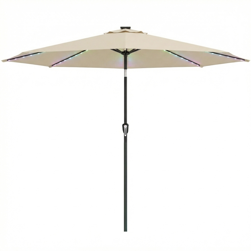 Outsunny 3 m Garden Parasol Umbrella with 112 Solar Powered LED Lights, Patio Umbrella with Crank Handle, Beige