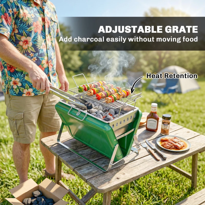 Outsunny Charcoal BBQ Grill Portable Stainless Steel Barbecue with Tilting Grate for Camping Picnic Garden Dark Green