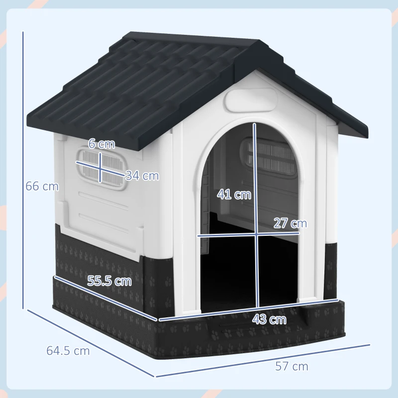 PawHut Cuccia per Cani Mini da Esterno in Plastica con 3 Finestre Base Rialzata e Tetto Inclinato, 64,5x57x66 cm, Grigio scuro