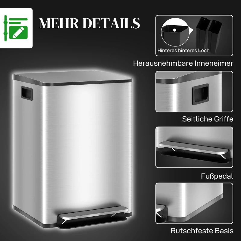 HOMCOM Mülleimer mit 2x20L Fächern, Soft-Close-Deckel, Fingerabdrucksicher, Edelstahl, Silber