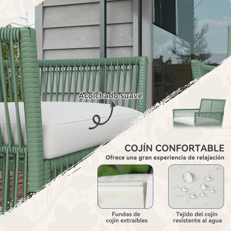 Outsunny Conjunto de Jardín Exterior de Ratán Sintético con 2 Sillones 1 Sofá de 2 Plazas 1 Mesa de Centro y Cojines Verde