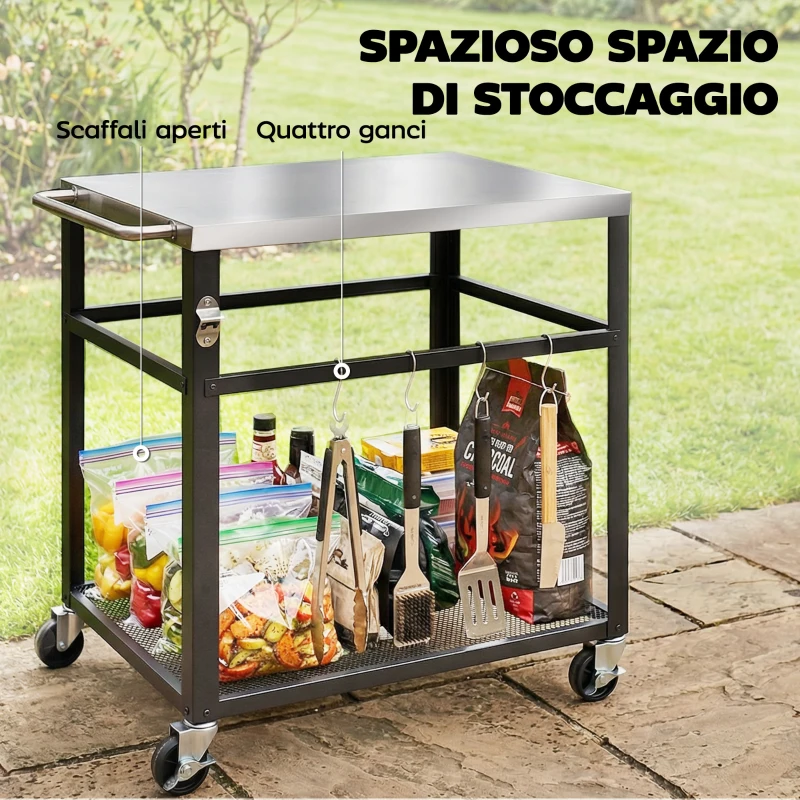 Outsunny Carrello per Barbecue con Piano in Acciaio Inox, 4 Ganci a S, Maniglia e Apribottiglie, 82x55x79 cm, Nero