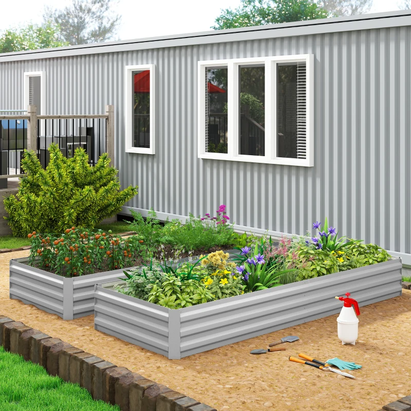 Outsunny Jardinera Exterior Grande Rectangular de Acero Galvanizado para Terraza con Base Abierta 241x90,5x30 cm Plateado