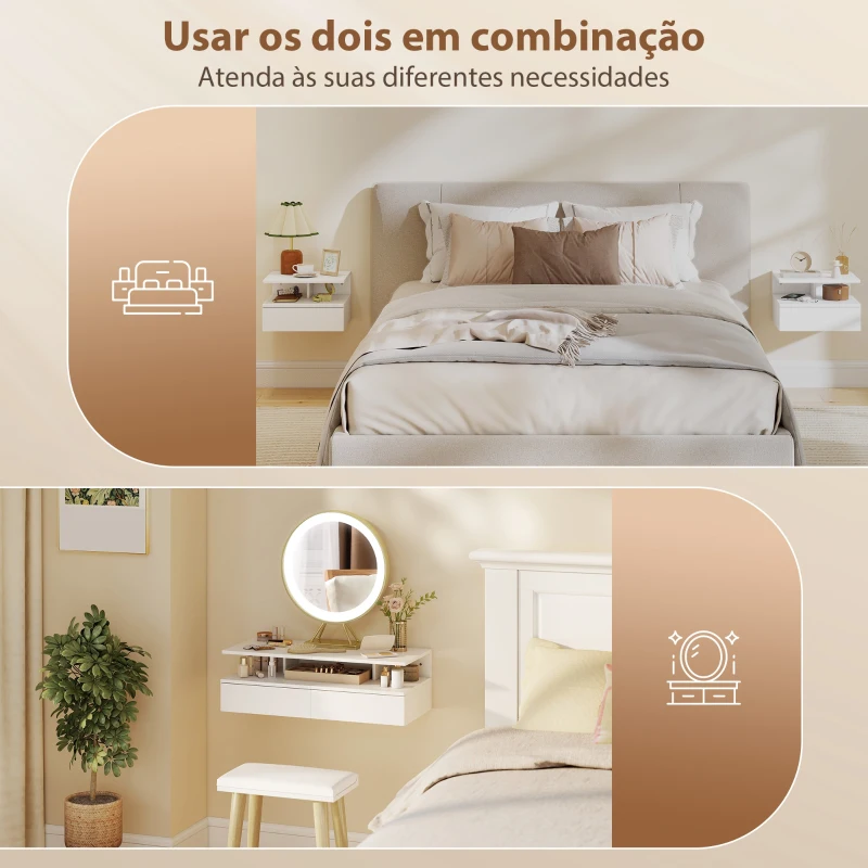 HOMCOM Conjunto de Mesas de Cabeceira Suspensas com Gaveta Montadas na Parede 35x32x22,5 cm Branco