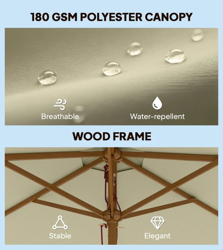 Outsunny 2.5m Wood Garden Parasol Sun Shade Patio Outdoor Wooden Umbrella Canopy, Table Market Umbrella with Vent, 38mm Pole, Rope Pulley Mechanism, Cream White