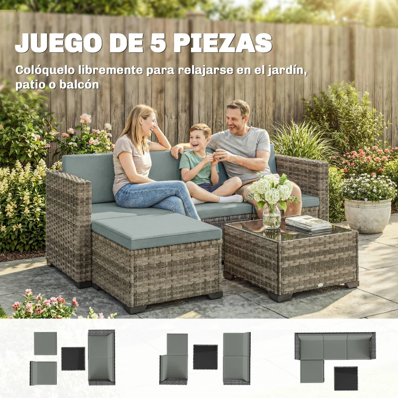 Outsunny Conjunto de Jardín Exterior de Ratán 5 Piezas con Cojines 2 Sillones de Esquina Sillón sin Brazos Reposapiés y Mesa