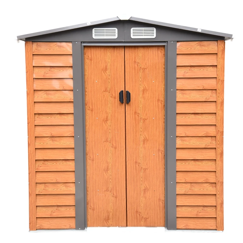 Magazie de grădină robuste din oțel cu uși glisante, efect lemn, 197,5 x 160 x 178‑201 cm – depozitare unelte & scule