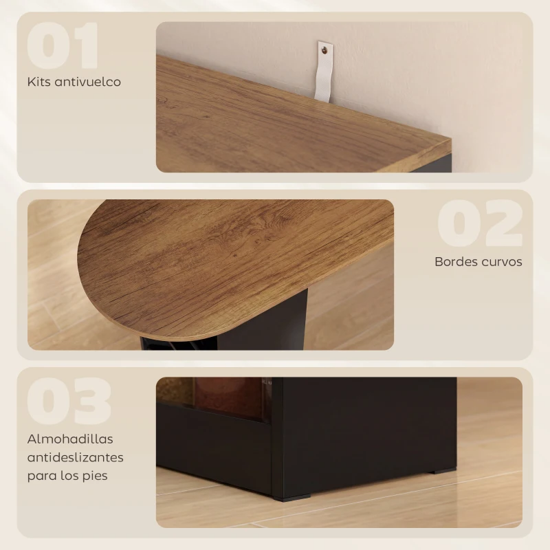 HOMCOM Masă de Bar Extensibilă și Rotativă 90° cu Rafturi Deschise și 2 Uși din Sticlă 150x80x105,5 cm Negru și Natural