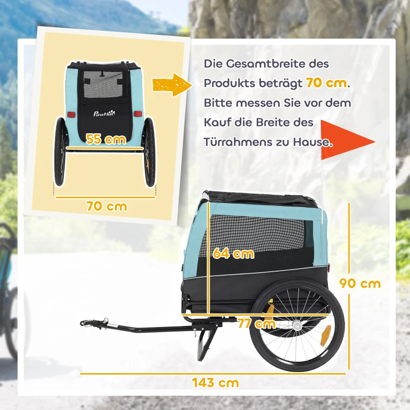 PawHut Remorque vélo pliable avec réflecteurs de sécurité, laisse, pour chiens moyens jusqu'à 20 kg 143 x 70 x 90 cm Bleu clair