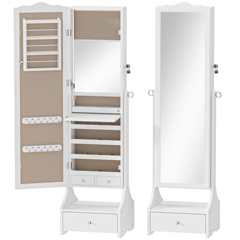 HOMCOM Miroir Armoire à bijoux avec LED Armoire Bijoux avec Miroir Pleine Longueur Angle Réglable Tiroirs Tablette Intérieure Rabattable Blanc