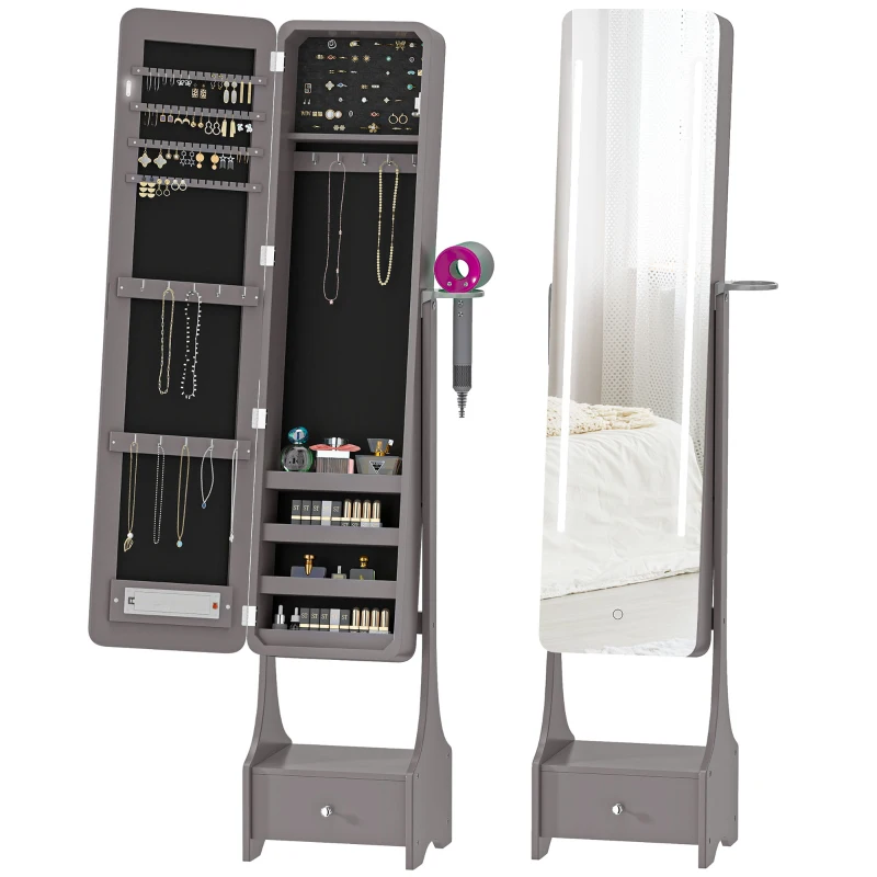 HOMCOM Miroir à bijoux avec LED Armoire à bijoux avec miroir pleine longueur angle réglable tiroir extinction automatique Gris