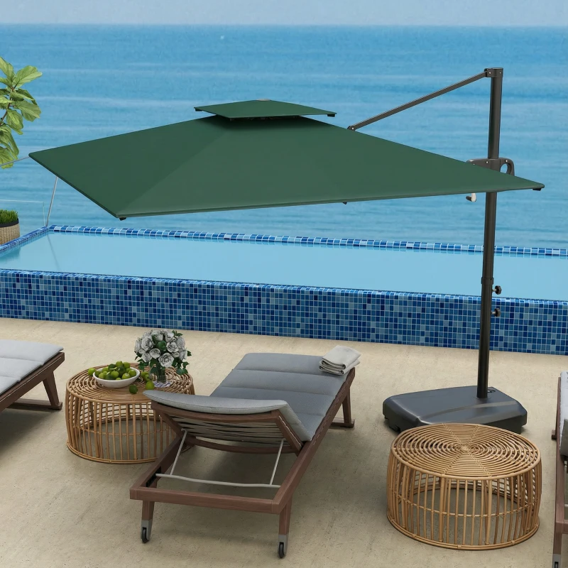 Outsunny Cantilever Parasol with Weighted Base Double Top Garden Parasol Square Hanging Patio Umbrella with Crank Tilt Dark Green