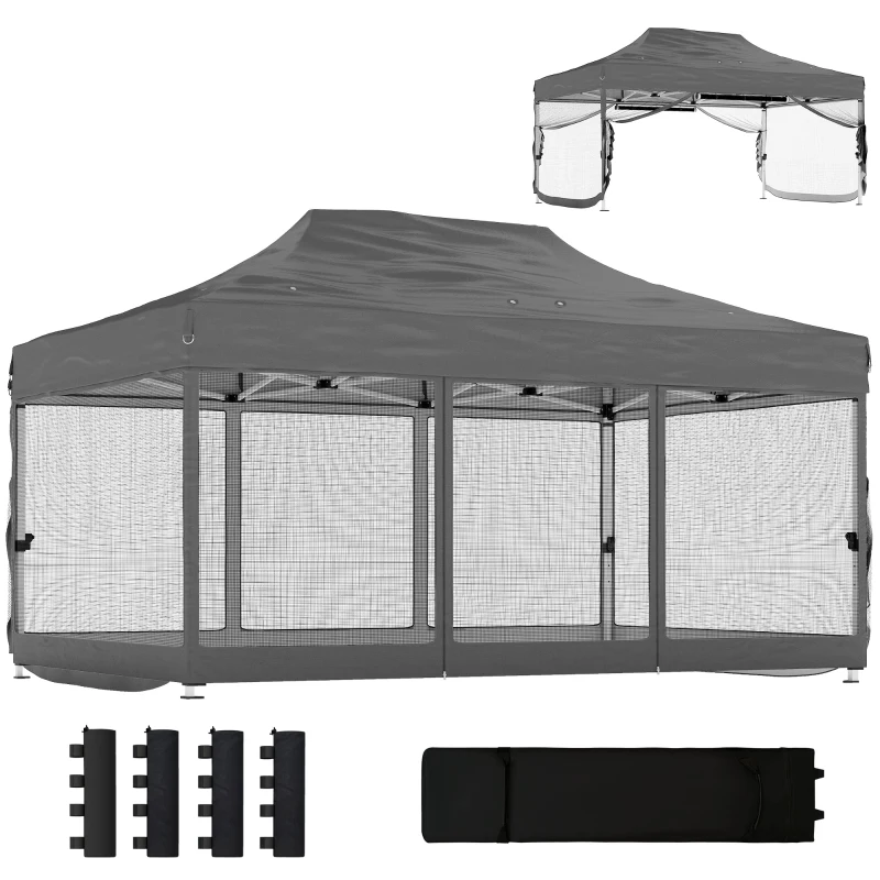 Outsunny 3 x 4.5 m Pop Up Gazebo with Mesh Nettings, UPF50+ Heavy Duty Outdoor Garden Party Tent Marquee, Dark Grey