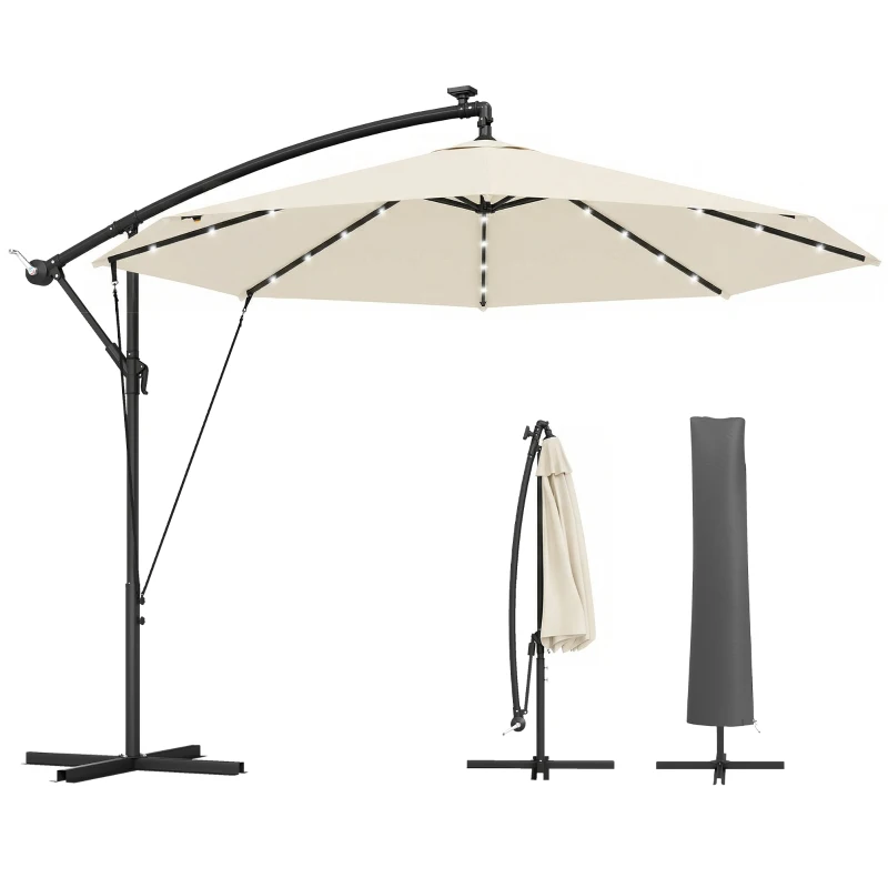 Outsunny 3 m Cantilever Parasol with Solar LED Lights Garden Umbrella with Cross Base, Cream White