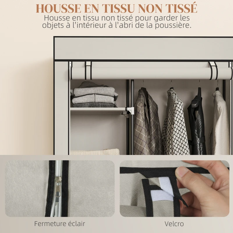 HOMCOM Armoire penderie en tissu meuble de rangement 6 roulettes tringle à vêtements et étagères ouvertes 103x43x162,5cm crème