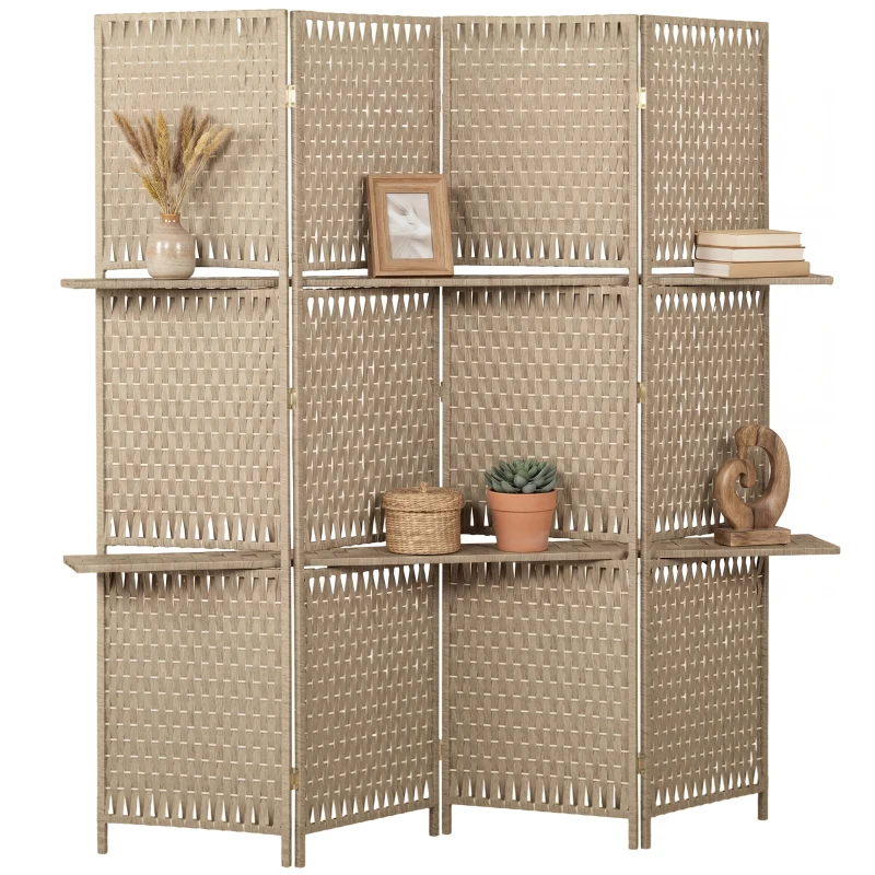 HOMCOM Separator de camere 4 panouri 2 rafturi pliabile natural pai