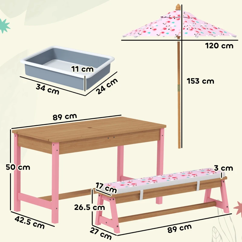 AIYAPLAY Masă de picnic pentru copii cu bănci, perne, umbrelă pliabilă, cutii de depozitare detașabile, model flamingo, roz