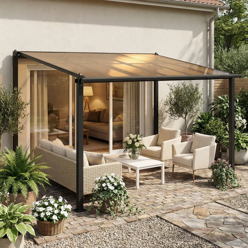 Outsunny Pérgola adosada 3,8 x 3 m con techo de policarbonato, estructura rígida de aluminio con canaletas integradas, gris oscuro