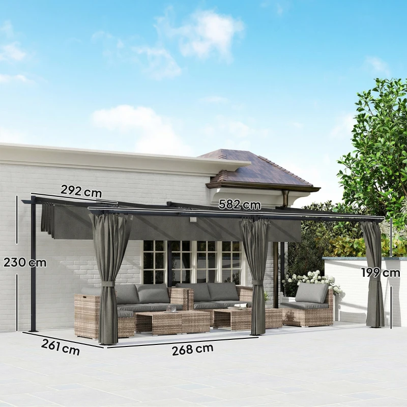 Outsunny Einziehbare Pergola mit seitlichen Vorhängen, Metall-Gartenpavillon mit Sonnenschutz UPF30+, dunkelgrau