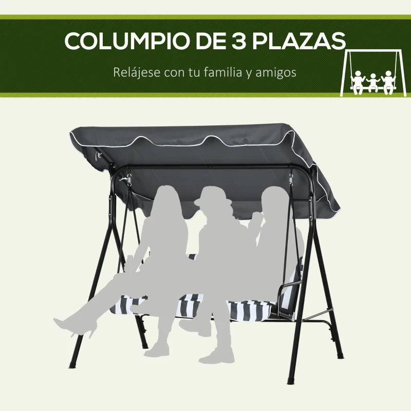 Outsunny Balancín de Jardín Exterior Columpio de 3 Plazas con Toldo Ajustable y Marco de Acero 172x110x153 cm Gris y Blanco